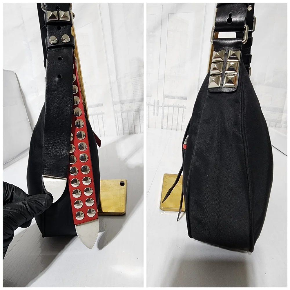 PRADA Tessuto Nylon Studded New Vela Hobo Bag Black